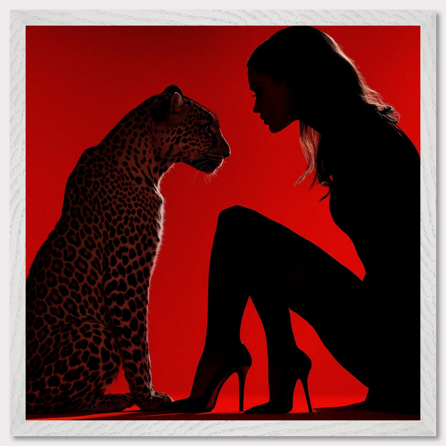 This illustration depicts a silhouette of a woman and a leopard against a vibrant red background. The woman is wearing high heels and is in a kneeling position, facing the leopard. The scene creates a dramatic and intense atmosphere through the use of contrasting colors and shadow play.