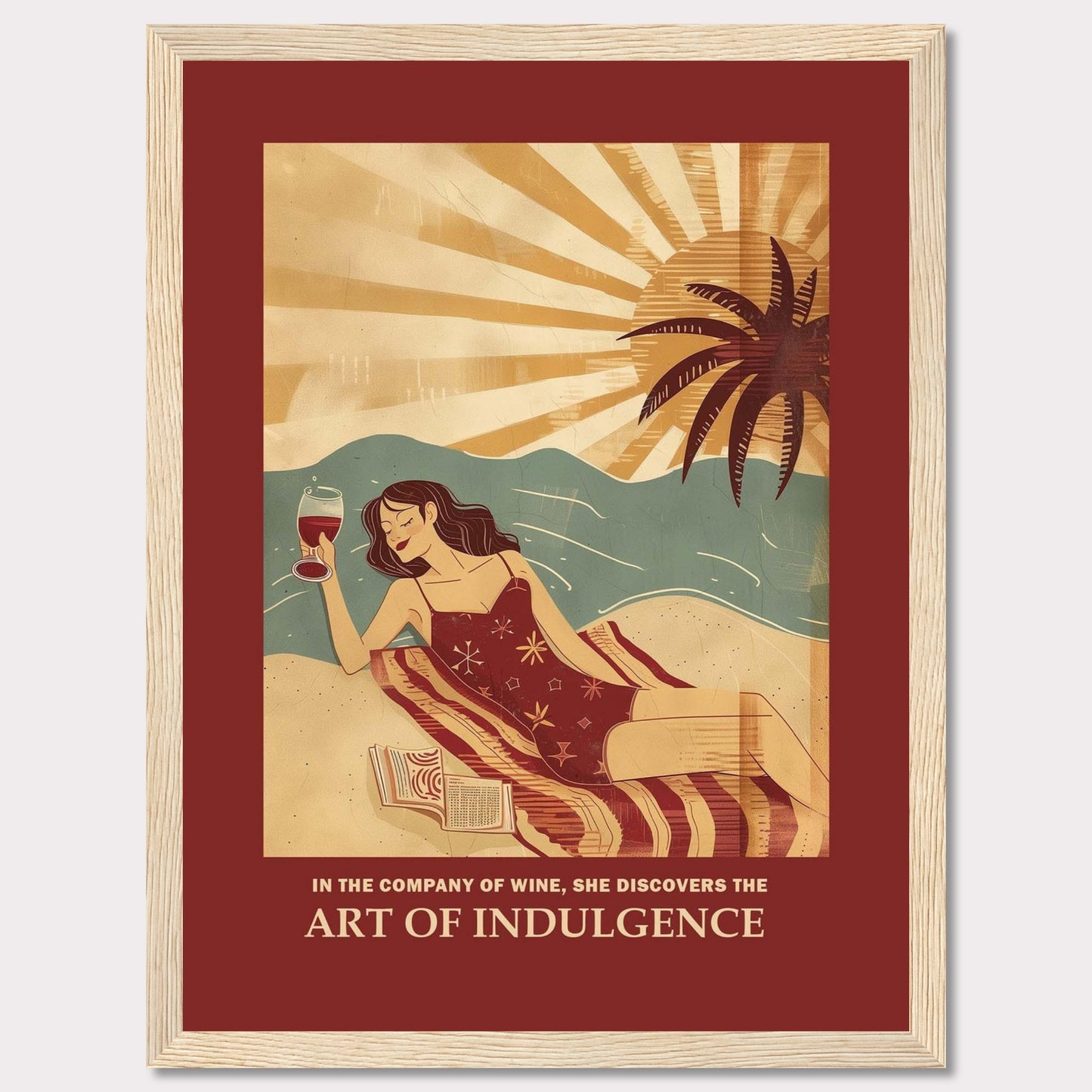 This vibrant poster features a woman relaxing on a beach with a glass of wine. The sun is setting behind a palm tree, casting warm rays over the scene. She is lying on a striped blanket with an open book beside her, embodying a moment of pure relaxation and indulgence.