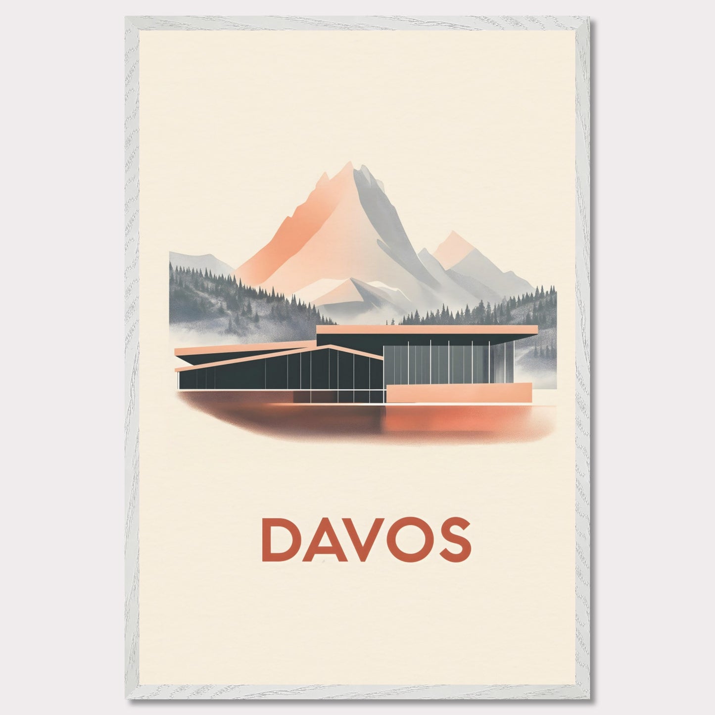 A refined travel poster showcasing Davos' modern architecture against breathtaking alpine peaks. The sleek lines of the building contrast harmoniously with the rugged mountains, embodying the balance between innovation and nature.