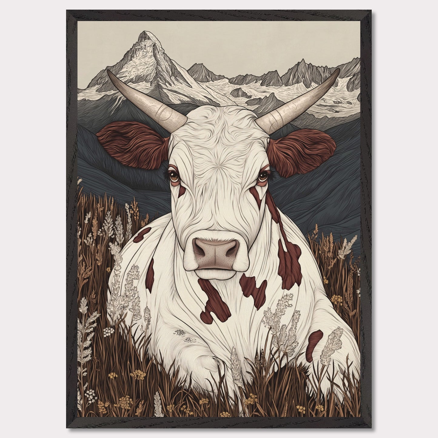 This beautifully detailed poster portrays a tranquil scene of alpine life with a focus on the harmonious connection between nature and animals. A striking cow with intricate features gazes directly at the viewer, creating a sense of intimacy, while the majestic Matterhorn looms in the background. The combination of soft earth tones and delicate linework evokes a rustic yet modern aesthetic.