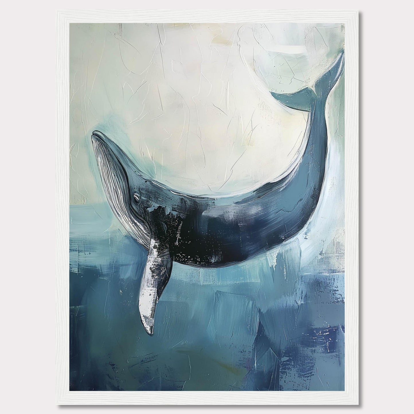 This image showcases a stunning painting of a whale gracefully swimming in the ocean. The artwork captures the serene beauty and majesty of the whale, set against a backdrop of soothing blue and white hues. The texture and brushstrokes add depth and movement to the piece, making it an eye-catching addition to any space.