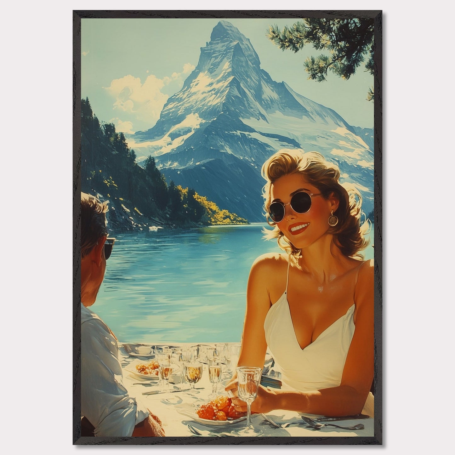 This illustration depicts a scenic outdoor dining setting by a lake with snowy mountains in the background. A woman in sunglasses and a white dress is smiling while holding a glass, and a man is sitting across from her.