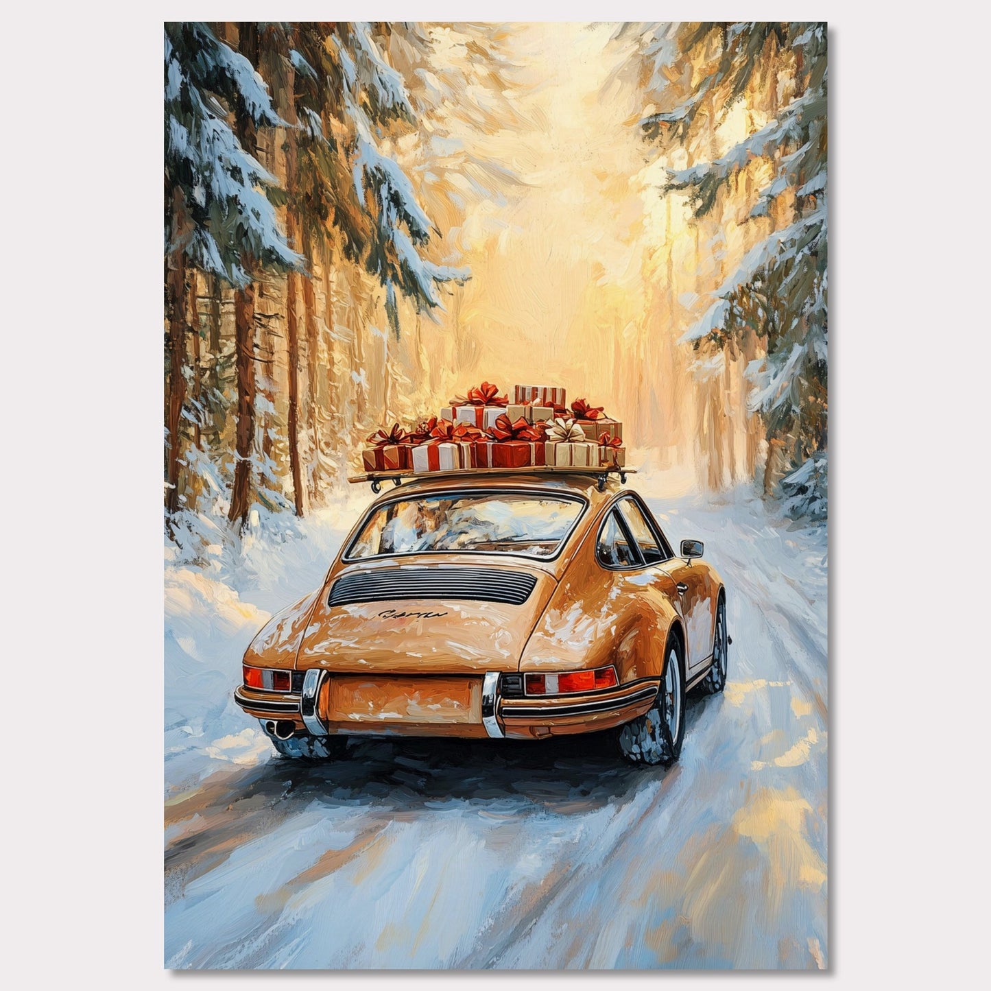 This festive poster showcases a yellow Porsche navigating a snow-covered path with holiday presents stacked on its roof. The warm glow from the trees lining the road creates a magical winter scene, while the "Merry Christmas" typography evokes the warmth and joy of the holiday season. The combination of sleek design and a peaceful winter landscape makes this a perfect holiday greeting.