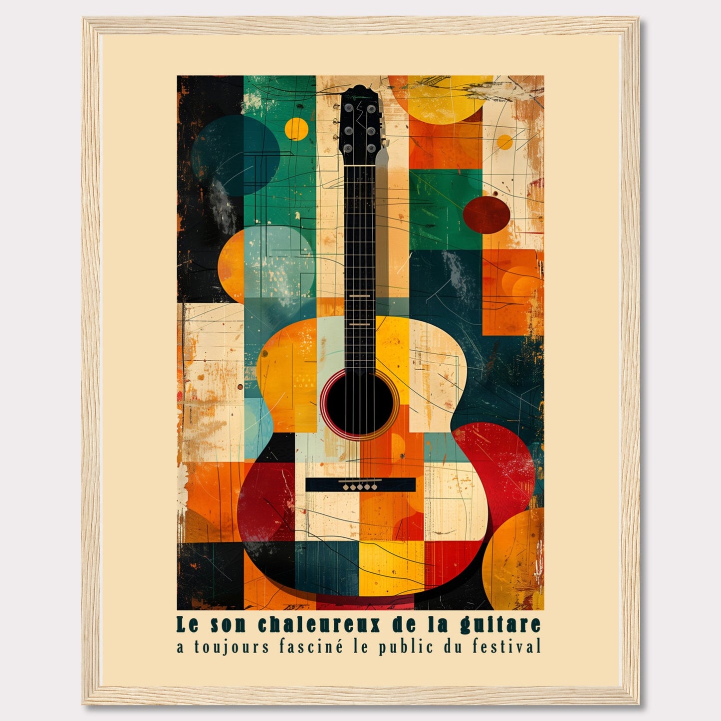 This vibrant artwork features an abstract depiction of an acoustic guitar, blending geometric shapes and bold colors. The French text at the bottom reads, "Le son chaleureux de la guitare a toujours fasciné le public du festival," which translates to "The warm sound of the guitar has always fascinated the festival audience."