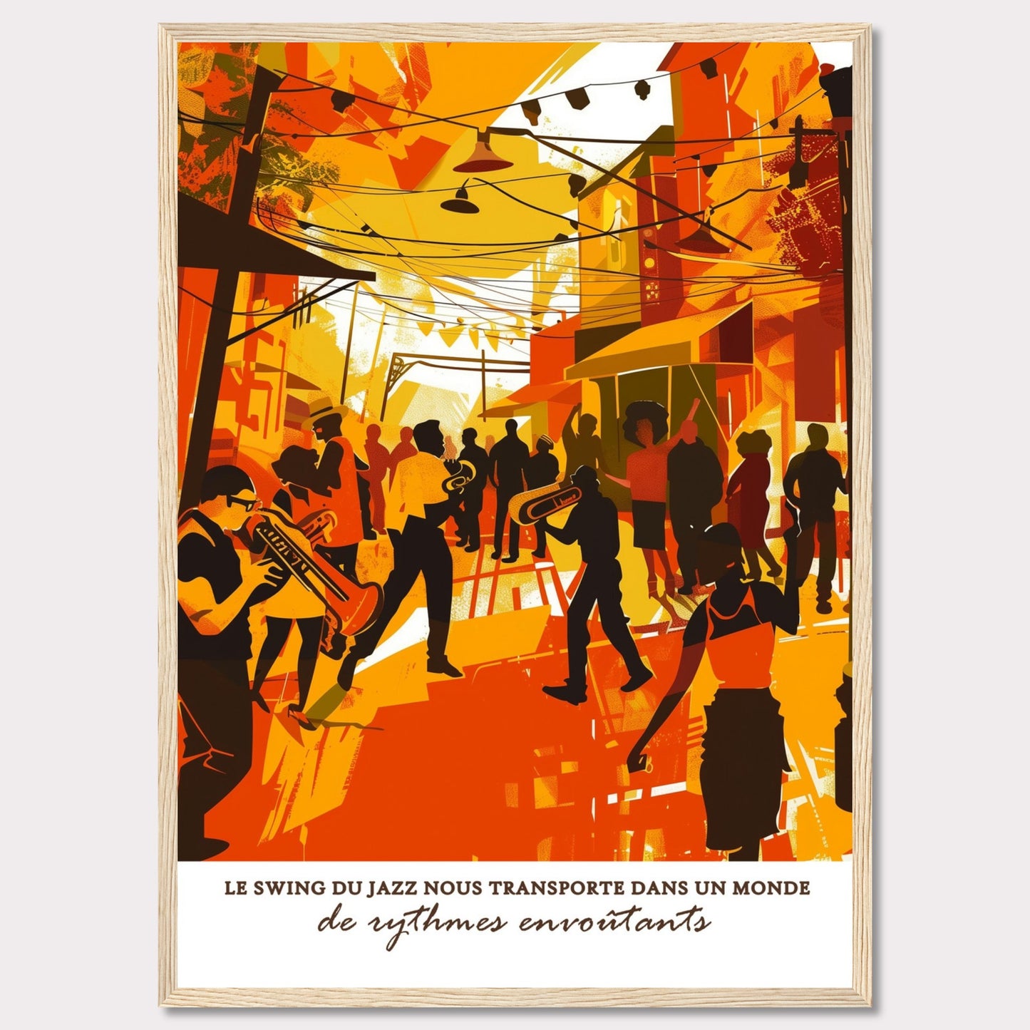 This vibrant illustration captures the lively atmosphere of a jazz street performance. Musicians with trumpets and trombones play energetically, surrounded by an enthusiastic crowd. The scene is bathed in warm hues of orange and yellow, evoking a sense of warmth and excitement.