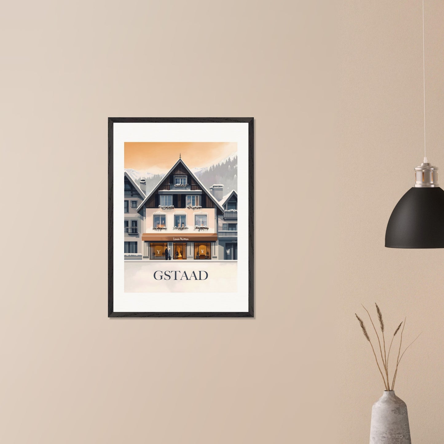 A chic and stylish poster showcasing a luxury boutique in Gstaad, framed by elegant alpine architecture. The blend of modern sophistication and traditional Swiss charm creates a timeless appeal.