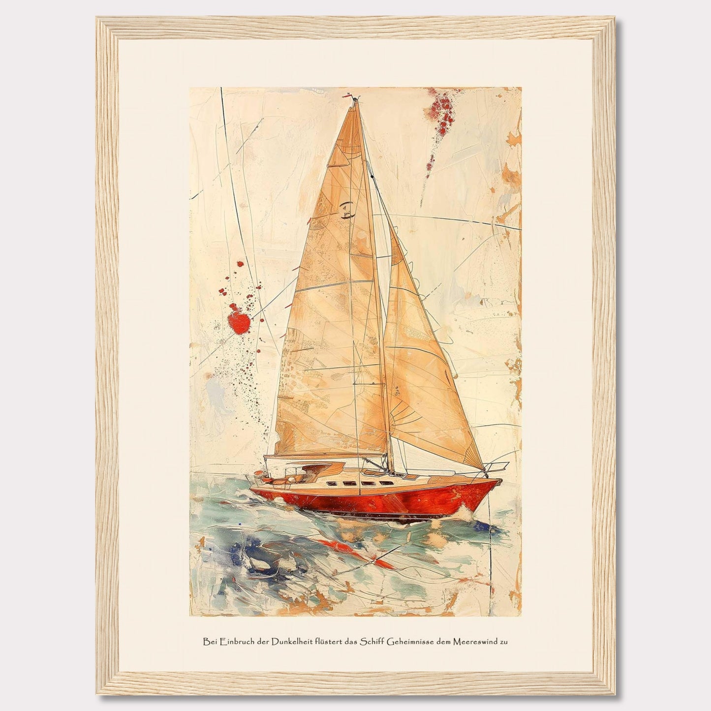 This artwork depicts a stunning sailboat navigating through the ocean with its sails fully unfurled. The painting features a vibrant red boat set against a dynamic background of abstract lines and splashes of color, giving a sense of movement and adventure. The text at the bottom reads: "Bei Einbruch der Dunkelheit flüstert das Schiff Geheimnisse dem Meereswind zu," which translates to "At dusk, the ship whispers secrets to the sea breeze."