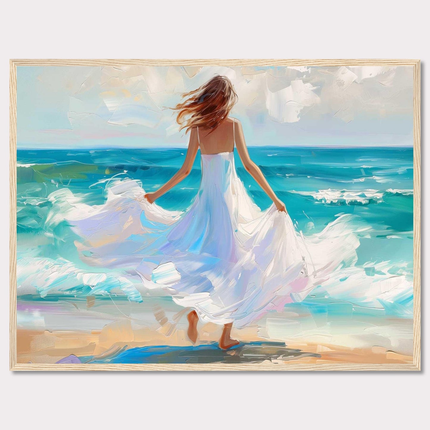 This stunning painting captures a serene moment of a woman in a flowing white dress standing at the edge of the ocean, with waves gently crashing onto the shore. The vibrant colors and dynamic brushstrokes bring this scene to life, evoking a sense of peace and freedom.