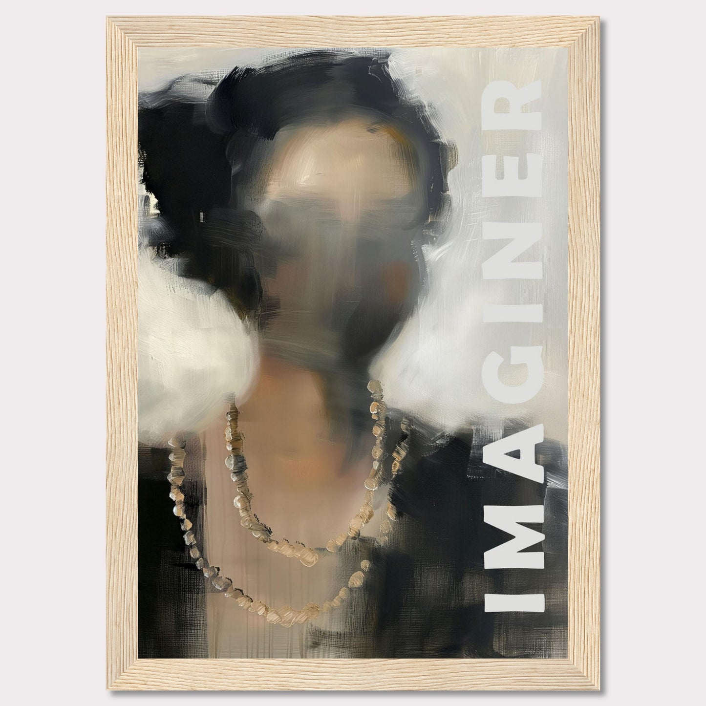 This captivating artwork features an abstract portrait of a person with blurred facial details, adorned with a beaded necklace. The word "IMAGINER" is prominently displayed along the right side, inviting viewers to envision their own interpretations.