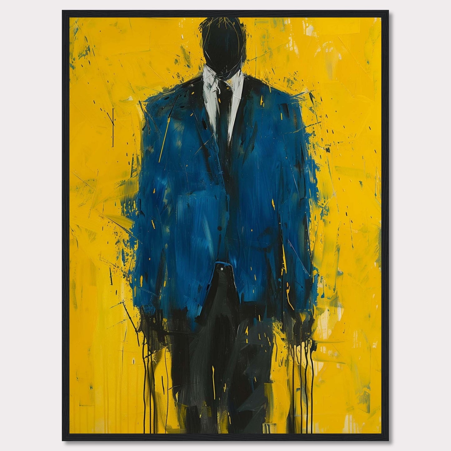 This striking painting features a faceless figure in a blue suit against a vibrant yellow background. The abstract style and bold colors create a powerful visual impact.