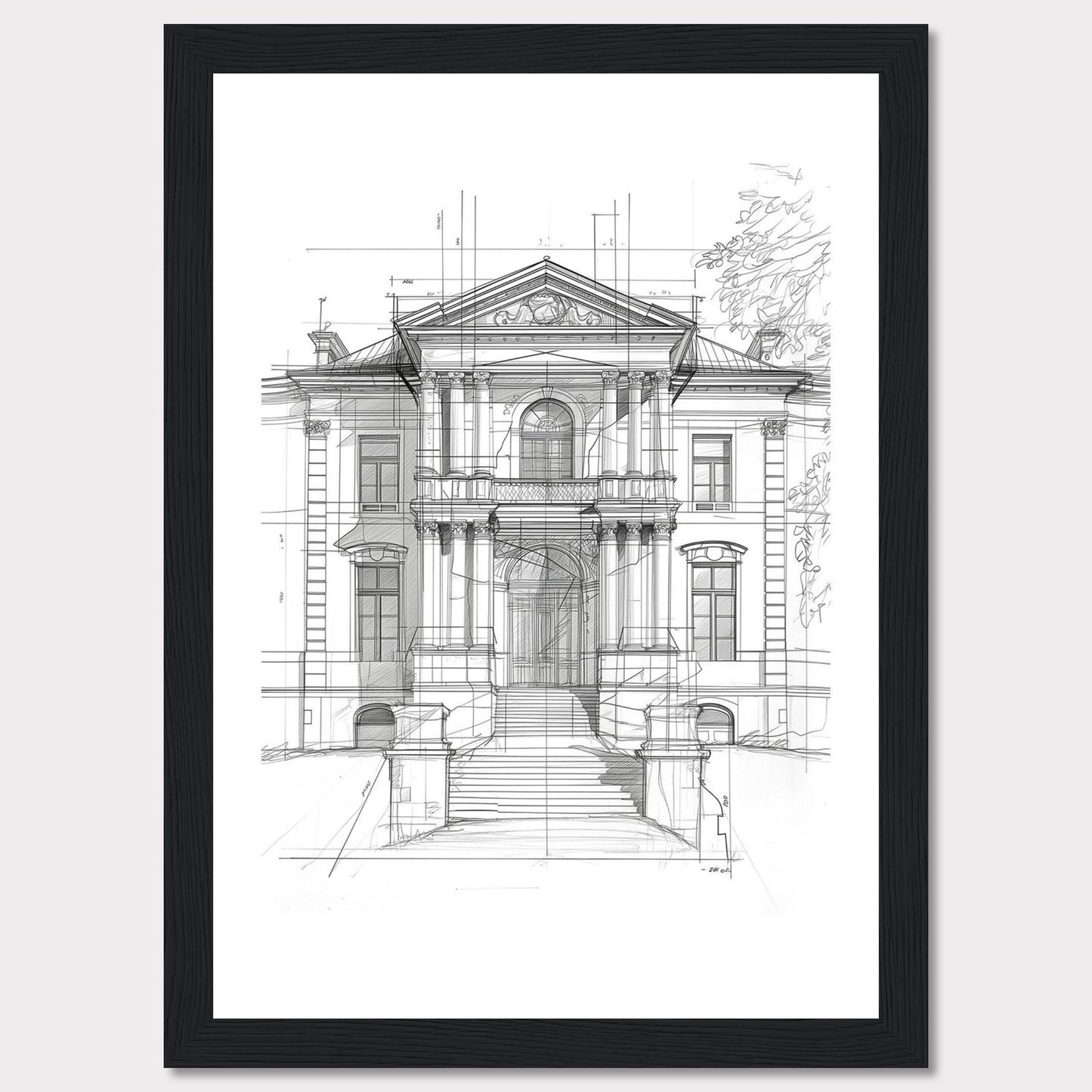 This image showcases an architectural sketch of a grand, classical building. The detailed drawing highlights the intricate design and majestic structure of the edifice.