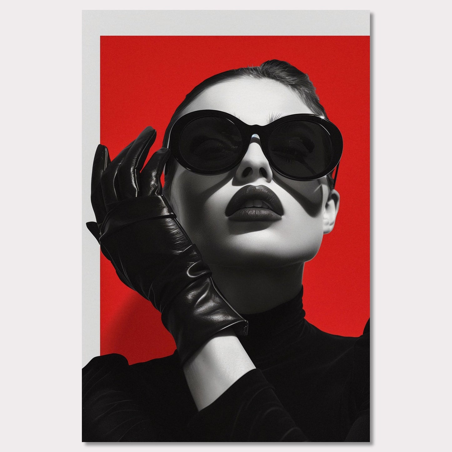 This striking black and white portrait features a stylish woman against a bold red background. Her look is accentuated by oversized sunglasses, dark lipstick, and sleek leather gloves, exuding an air of mystery and sophistication.