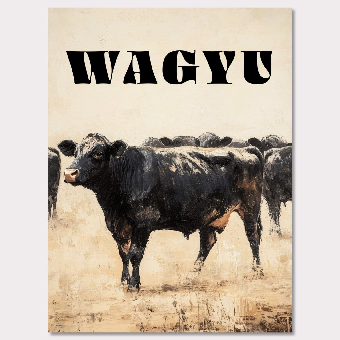 This captivating painting depicts a group of black cows standing together, evoking a sense of unity and strength. The textured brushstrokes and neutral background create a striking contrast, highlighting the animals' dark forms.