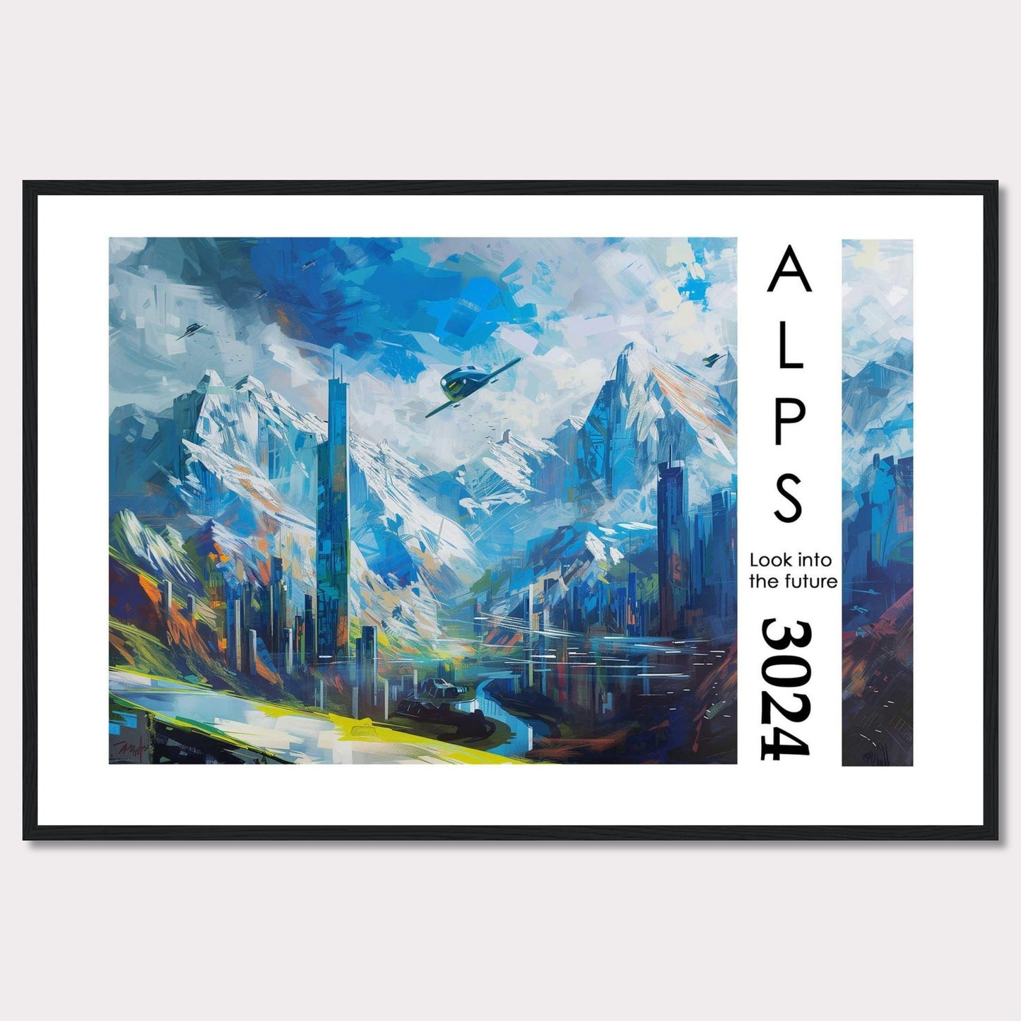 This artwork portrays a futuristic cityscape nestled within the majestic Alps, featuring towering skyscrapers, serene water bodies, and flying vehicles.