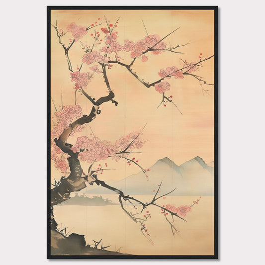 This beautiful artwork features a delicate cherry blossom tree in full bloom against a serene backdrop of distant mountains. The soft pastel hues create a tranquil and calming atmosphere, perfect for any living space.