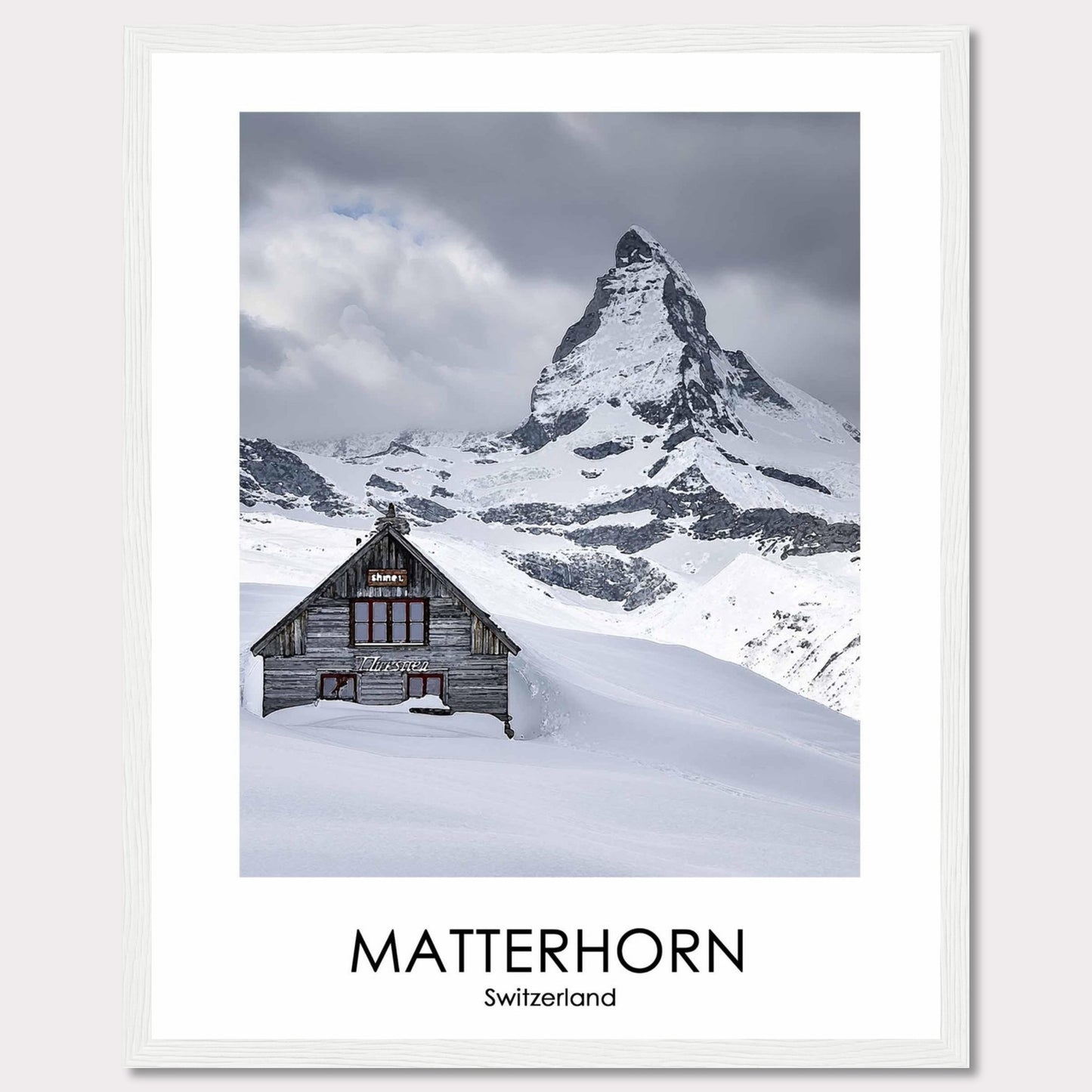 This stunning photograph captures the iconic Matterhorn in Switzerland, with a charming wooden cabin nestled in the snow-covered landscape. The majestic peak rises dramatically against a cloudy sky, creating a breathtaking scene of natural beauty.