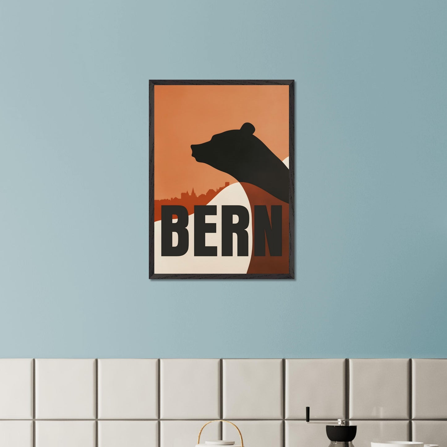 This minimalist poster features the silhouette of a bear — the symbol of Bern — against an orange sky and the city's architectural skyline. Simple yet profound, the design captures the atmosphere of Switzerland's capital and its rich cultural heritage.