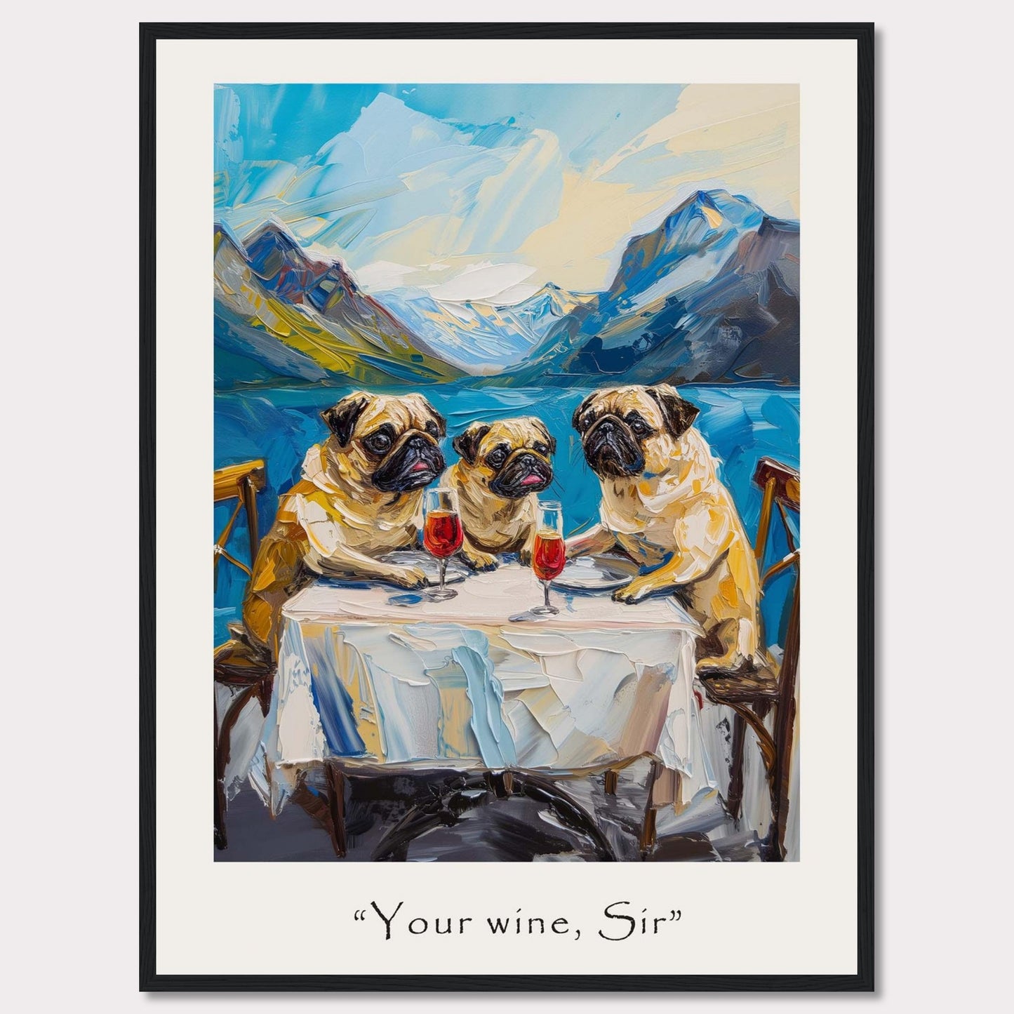 This whimsical painting depicts three pugs sitting at a table, each with a glass of red wine in front of them. The background showcases a stunning mountain landscape with a serene lake. The artwork is framed and includes the caption "Your wine, Sir" at the bottom.