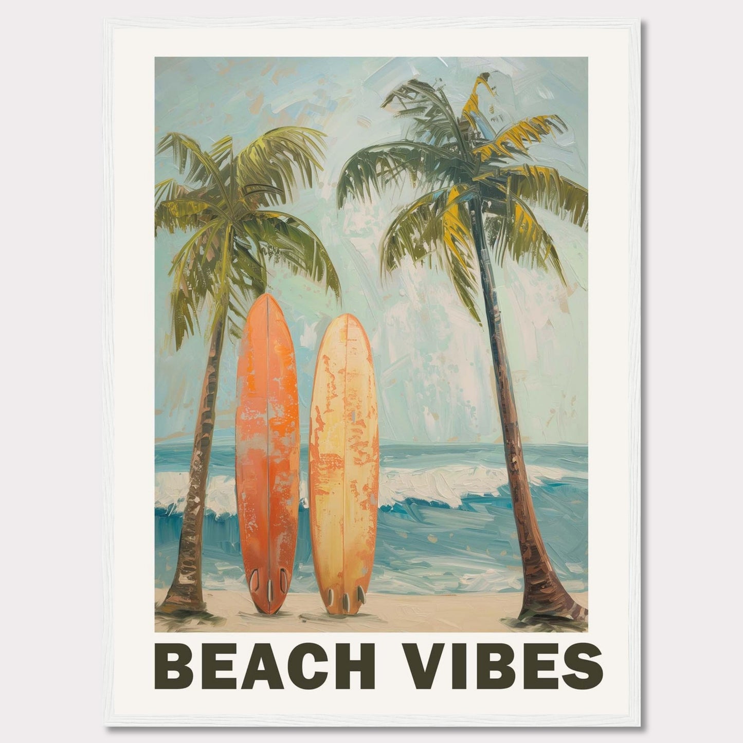 This vibrant artwork captures the essence of a perfect beach day. Two surfboards rest against tall palm trees, with waves crashing in the background and a clear sky above.