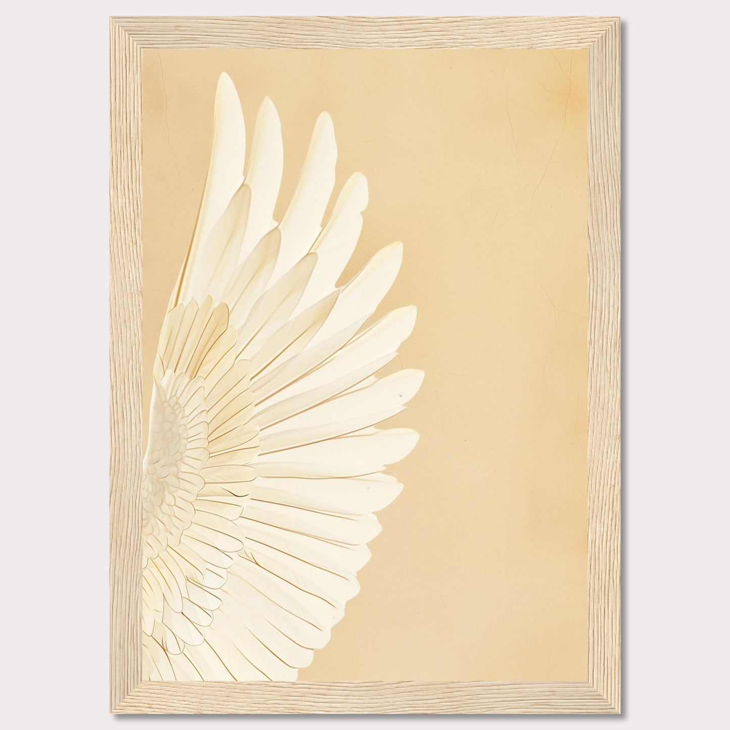 This elegant wall art features a detailed depiction of a white feathered wing against a soft beige background. The minimalist design and neutral tones make it a versatile piece for any room.