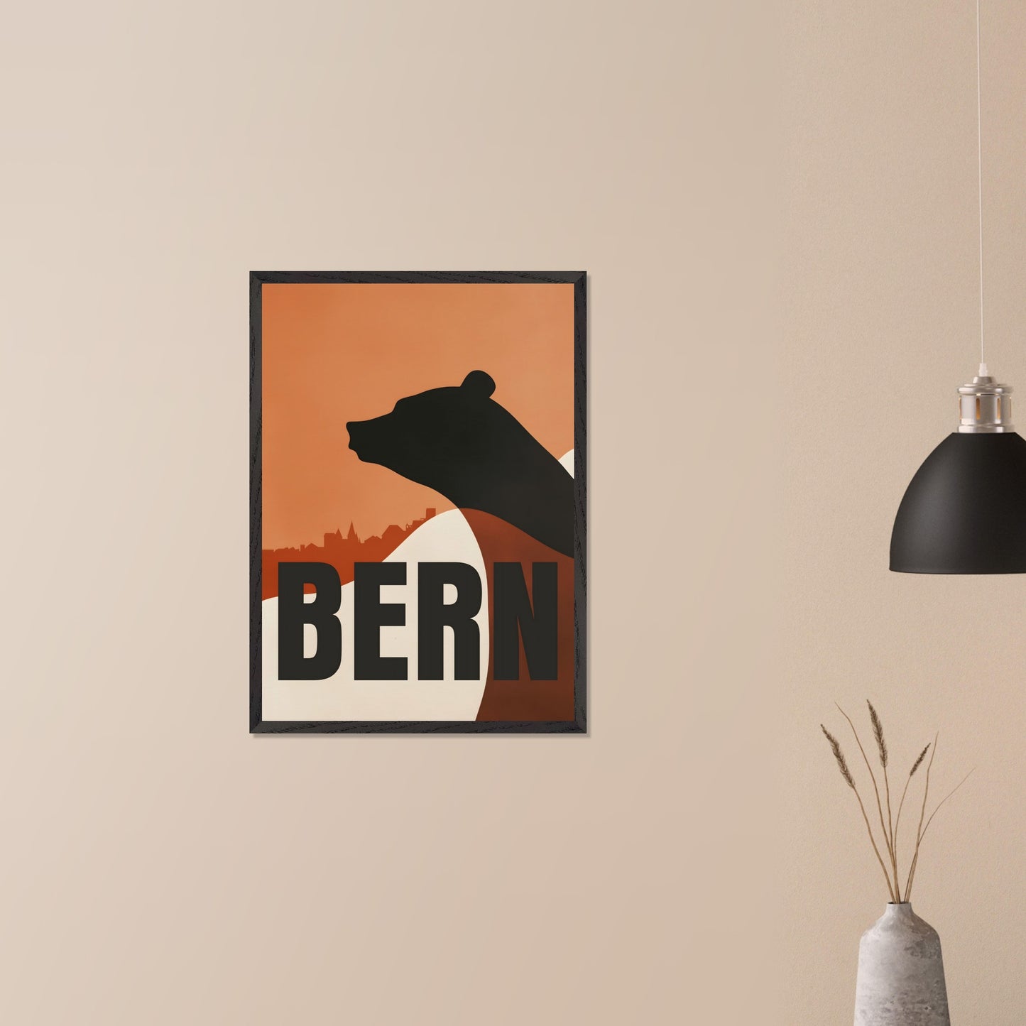 This minimalist poster features the silhouette of a bear — the symbol of Bern — against an orange sky and the city's architectural skyline. Simple yet profound, the design captures the atmosphere of Switzerland's capital and its rich cultural heritage.