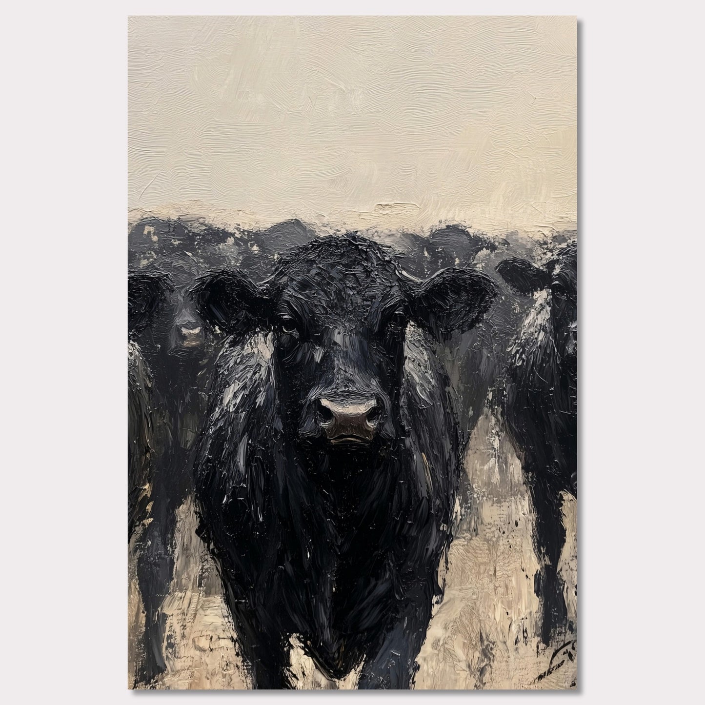 This striking painting captures the intense gaze of a black cow, surrounded by its herd. The textured brushstrokes and muted color palette create a powerful and captivating image.