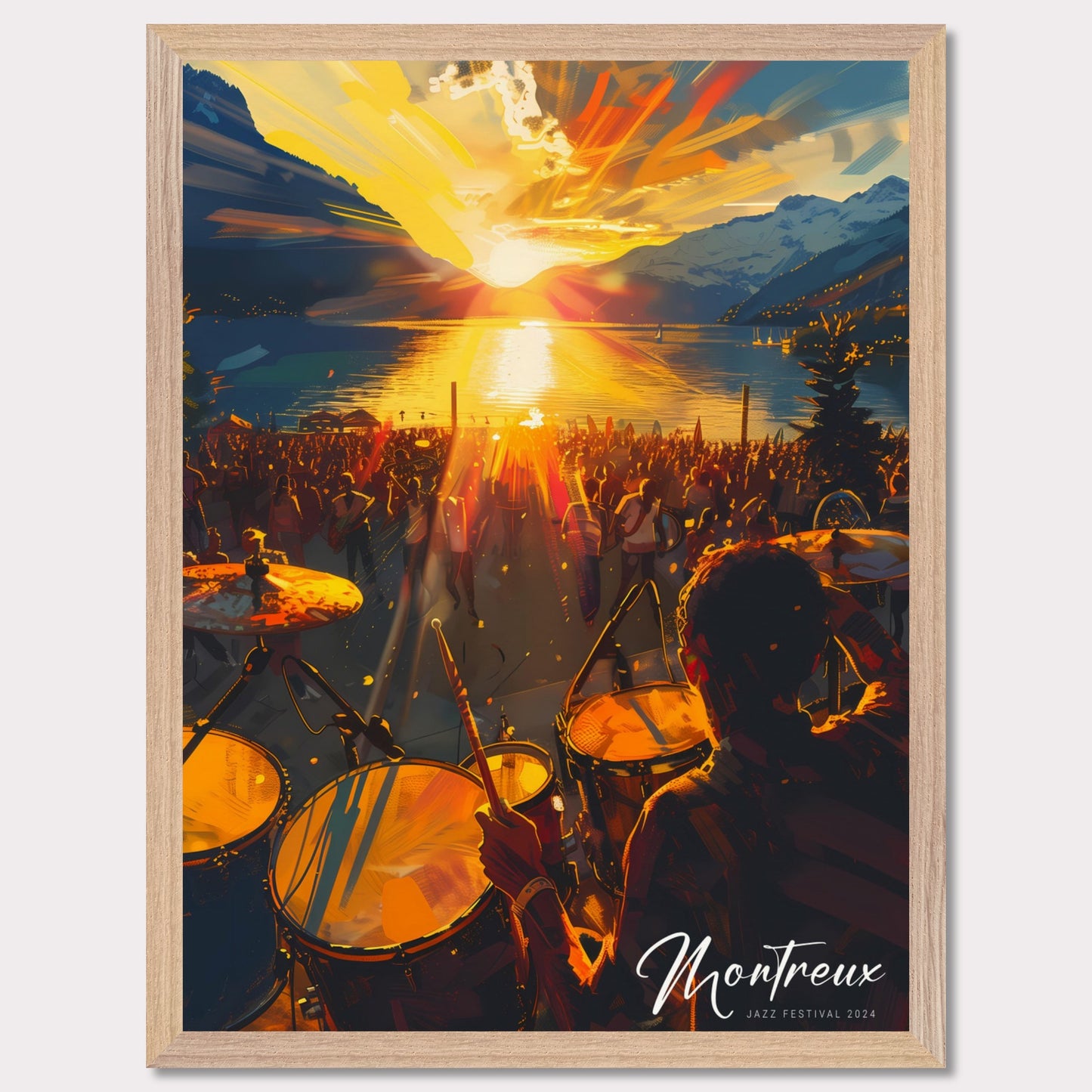 This vibrant image captures the essence of the Montreux Jazz Festival 2024. The scene is set at sunset, with a stunning view of the sun dipping below the horizon over a serene lake, surrounded by majestic mountains. A large crowd is gathered, immersed in the music, while a drummer plays energetically in the foreground.