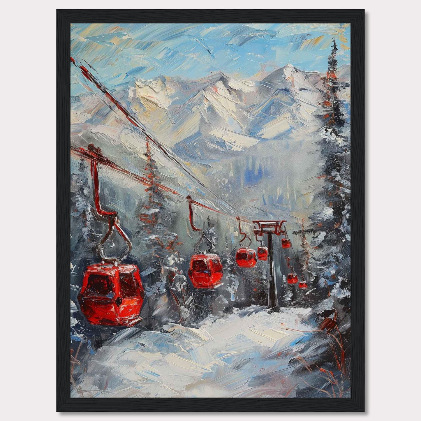 This captivating painting showcases a vibrant winter scene with red cable cars gliding through a snowy mountain landscape.