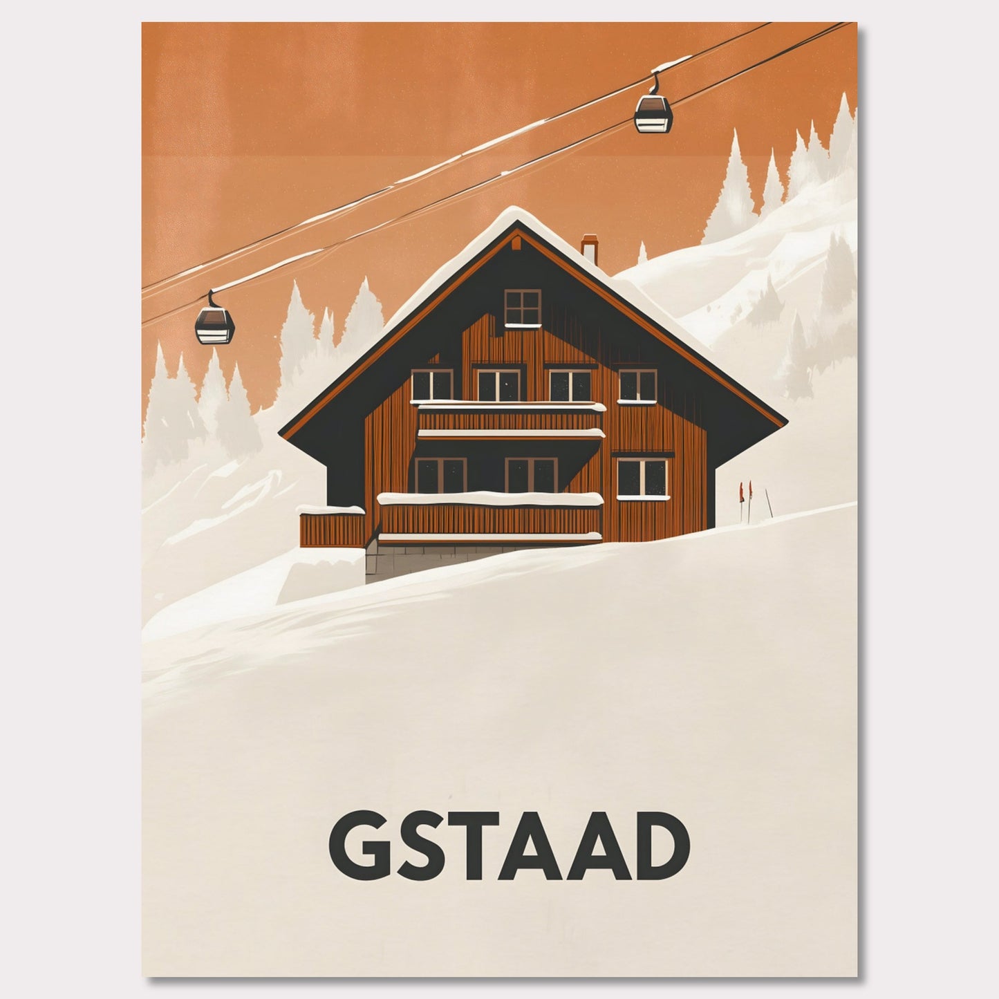 A warm, inviting scene of a traditional Swiss chalet surrounded by snowy slopes. A cable car ascends into the distance, emphasizing the region’s skiing culture and cozy mountain retreat.