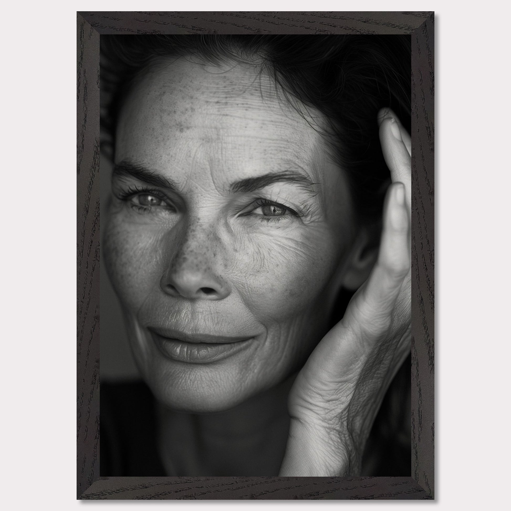 This black and white close-up portrait captures the essence of wisdom and serenity. The woman's expressive eyes, gentle smile, and the texture of her skin tell a story of a life well-lived.