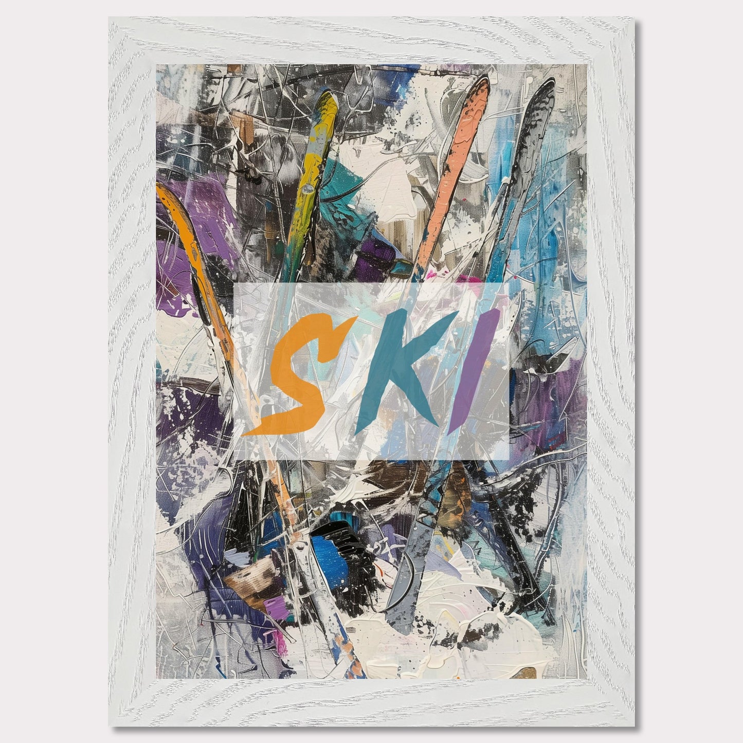 This vibrant artwork showcases an abstract composition featuring colorful ski elements. The word "SKI" is prominently displayed in bold, dynamic letters across the center. The background is a chaotic mix of brushstrokes and textures, creating a sense of movement and energy.