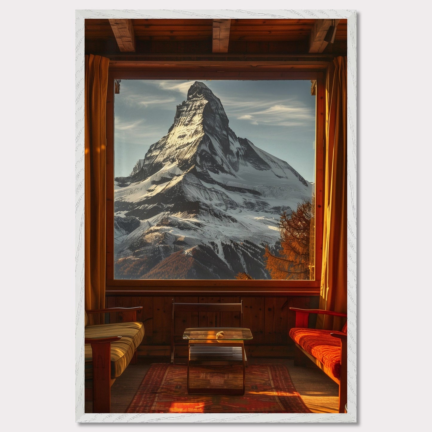 This stunning image captures a breathtaking view of a snow-capped mountain through a large window from a cozy wooden cabin. The warm interior contrasts beautifully with the majestic, cold mountain outside.