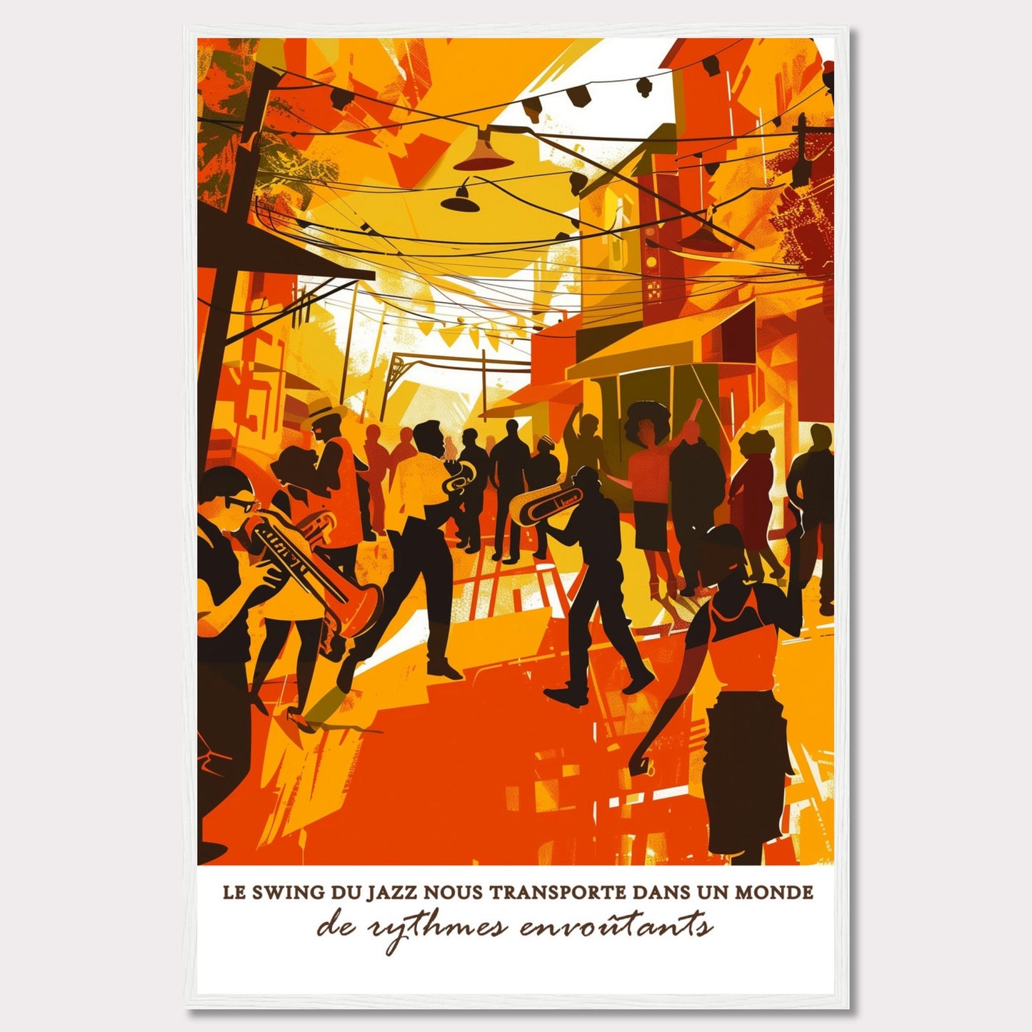 This vibrant illustration captures the lively atmosphere of a jazz street performance. Musicians with trumpets and trombones play energetically, surrounded by an enthusiastic crowd. The scene is bathed in warm hues of orange and yellow, evoking a sense of warmth and excitement.