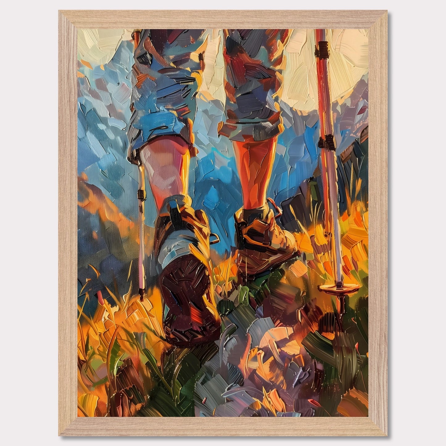 This illustration depicts a hiker's legs and feet as they traverse a vibrant, mountainous landscape. The scene is painted with bold, expressive brushstrokes, emphasizing the dynamic movement and rugged terrain.