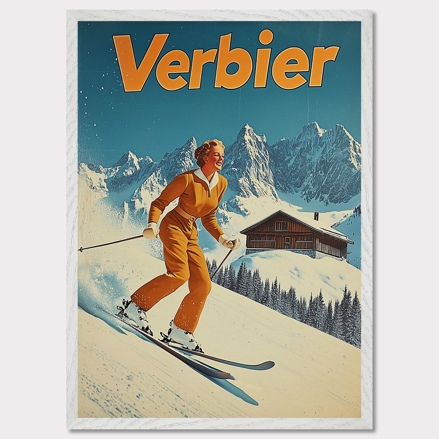 This vibrant retro poster features a cheerful skier dressed in a classic orange ski outfit, gliding down the pristine slopes of Verbier. Behind her, a picturesque alpine chalet sits amidst snow-covered peaks, with a bright blue sky completing the idyllic scene. The bold typography and clean lines enhance the nostalgic charm, inviting viewers to experience the joys of skiing in Verbier.