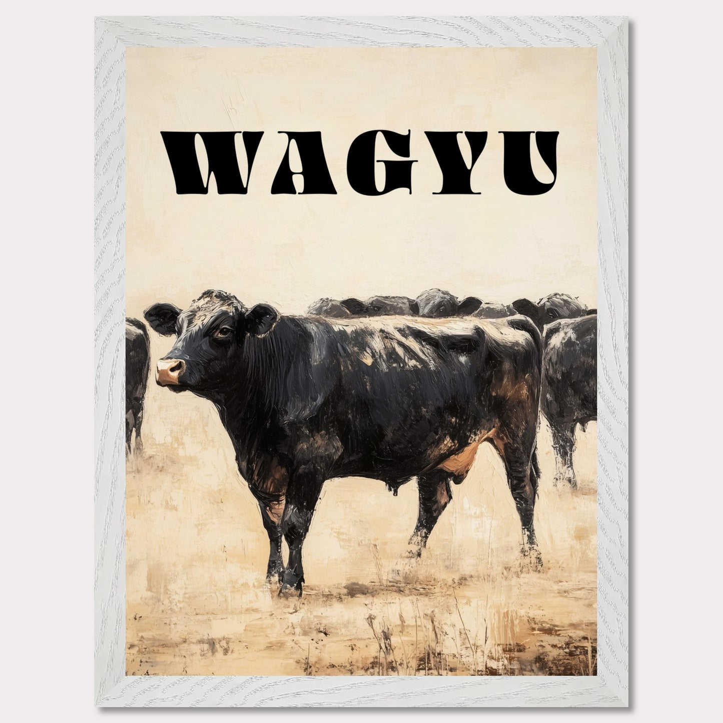 This image features a striking illustration of a Wagyu cow standing prominently in the foreground. The word "WAGYU" is boldly displayed at the top in large, black letters. The background shows more cows, adding depth to the scene.