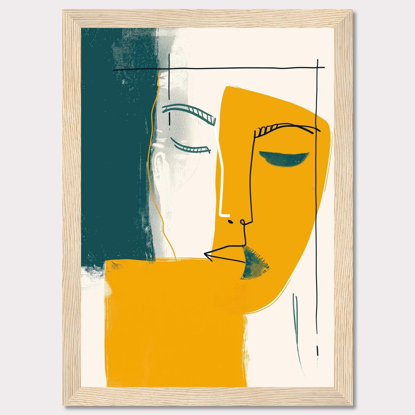 This captivating abstract art piece features a minimalist line drawing of a face, blending bold colors and simple shapes to create a striking visual impact. The artwork combines teal, mustard yellow, and white, with a black frame adding a touch of sophistication.