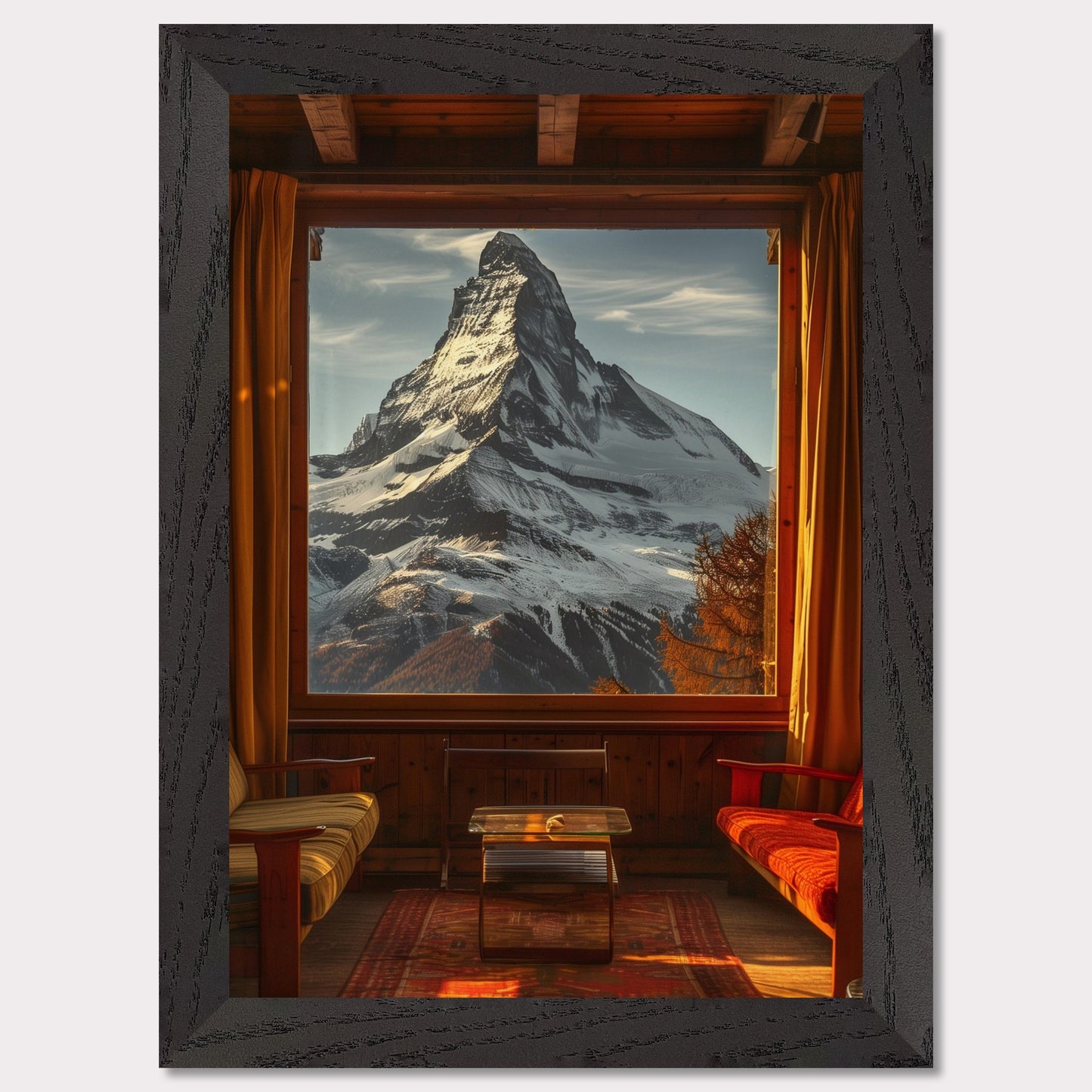 This stunning image captures a breathtaking view of a snow-capped mountain through a large window from a cozy wooden cabin. The warm interior contrasts beautifully with the majestic, cold mountain outside.