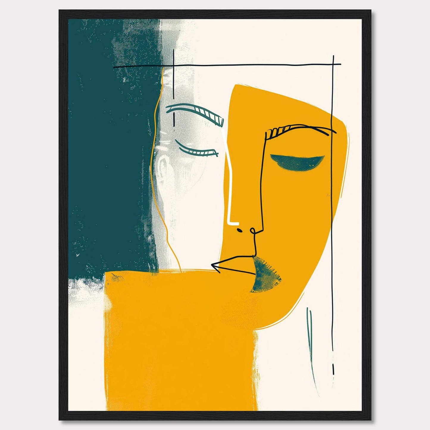 This captivating abstract art piece features a minimalist line drawing of a face, blending bold colors and simple shapes to create a striking visual impact. The artwork combines teal, mustard yellow, and white, with a black frame adding a touch of sophistication.