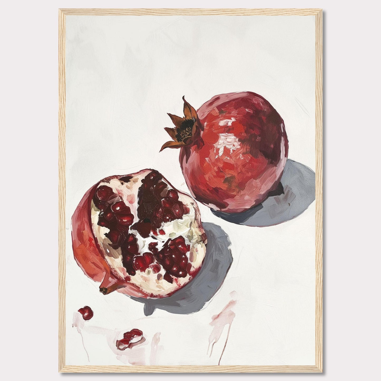 This captivating artwork features a detailed painting of two pomegranates, one whole and one halved, showcasing the vibrant red seeds. The minimalist background highlights the rich colors and textures of the fruit, making it a striking piece for any space.