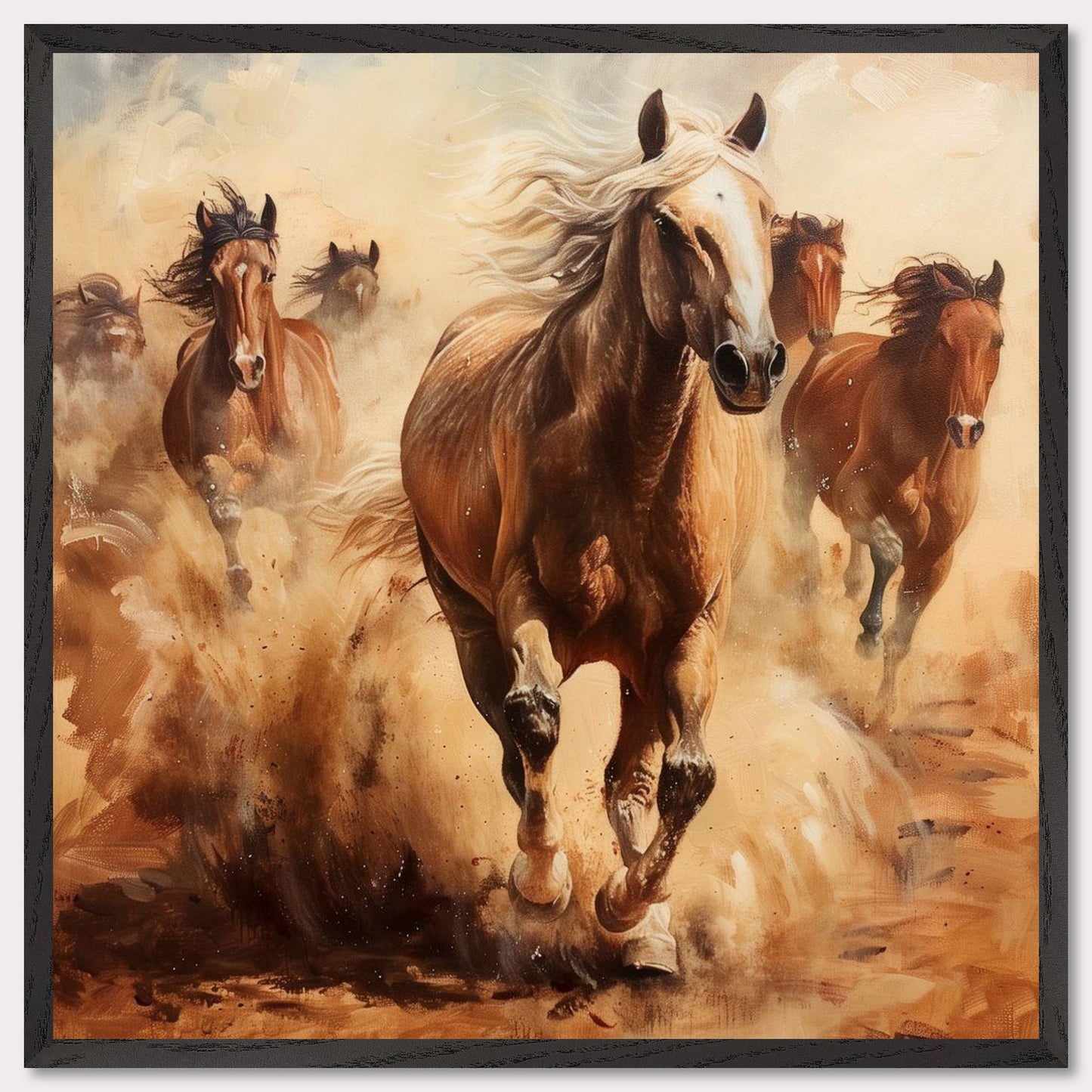 This captivating painting showcases a herd of wild horses galloping through a dusty landscape. The dynamic movement and powerful energy of the horses are vividly captured, evoking a sense of freedom and untamed spirit.