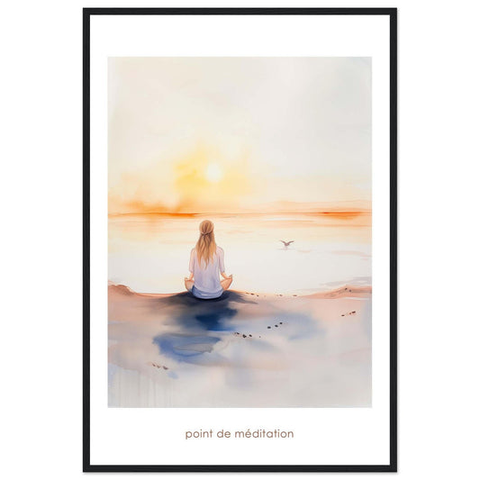 This serene artwork captures a tranquil moment of meditation by the sea at sunrise. A person sits cross-legged on the shore, facing the calming horizon as the sun rises, casting a warm glow over the water. A bird flies gracefully in the distance, adding to the peaceful ambiance. The soft colors and gentle brushstrokes evoke a sense of calm and introspection.