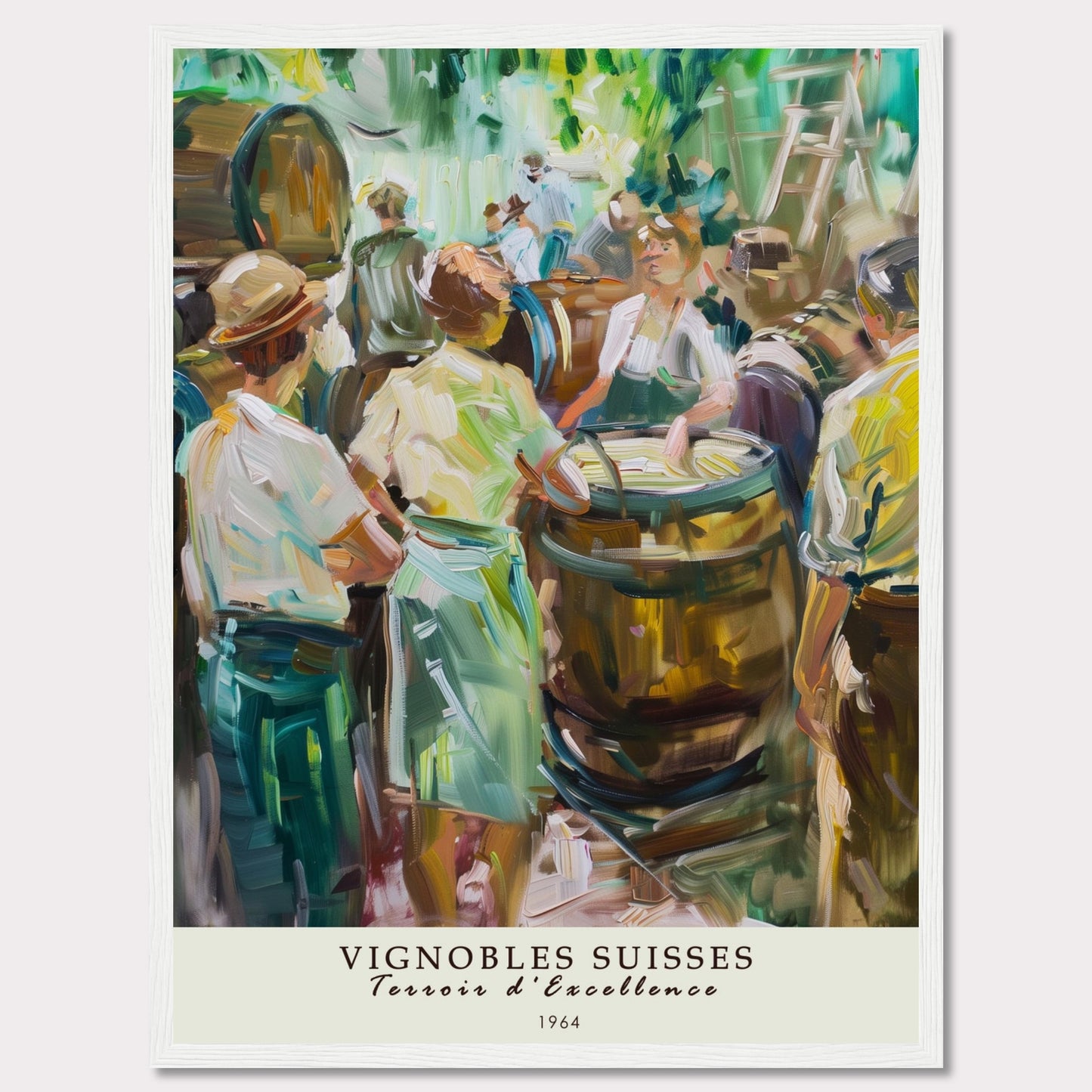 This vibrant painting captures a lively scene of people gathered around wine barrels, reflecting the rich tradition of Swiss vineyards.