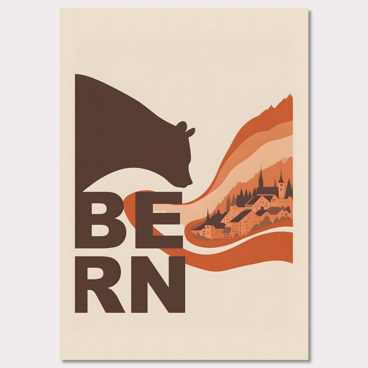 This elegant poster portrays a bear embracing the architectural landscapes of Bern. With flowing lines connecting nature and culture, it conveys the charm of this Swiss city.