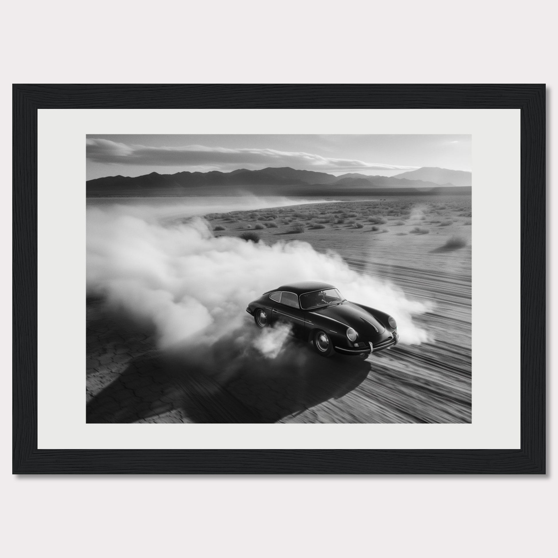 This striking black and white photograph captures a classic car speeding through a desert landscape, leaving a trail of dust in its wake. The image exudes a sense of freedom and adventure, with the distant mountains adding to the dramatic scenery.