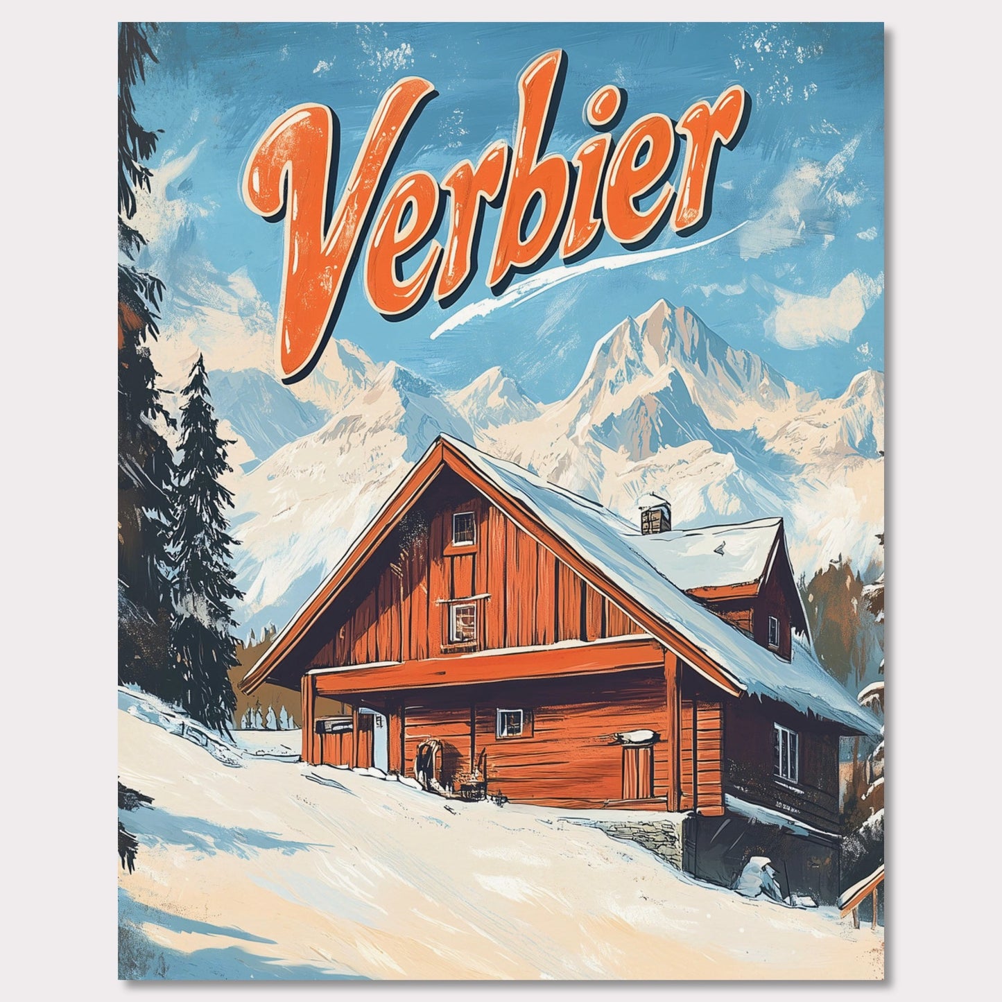 This vintage-inspired poster features a charming wooden chalet nestled against the stunning mountains of Verbier. The warm tones of the cabin contrast beautifully with the snowy landscape and towering peaks, creating a welcoming, serene winter scene. The retro design with bold typography invites viewers to imagine a peaceful retreat in the heart of the Swiss Alps, where adventure and comfort come together.