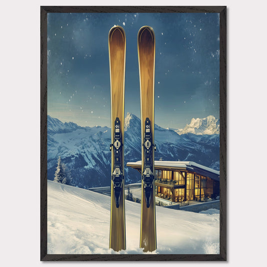 This elegant poster showcases the perfect blend of tradition and modernity in a snowy alpine escape. Two sleek skis stand proudly in the foreground, while a contemporary, glowing chalet nestled in the mountains provides a warm contrast to the frosty winter scene.