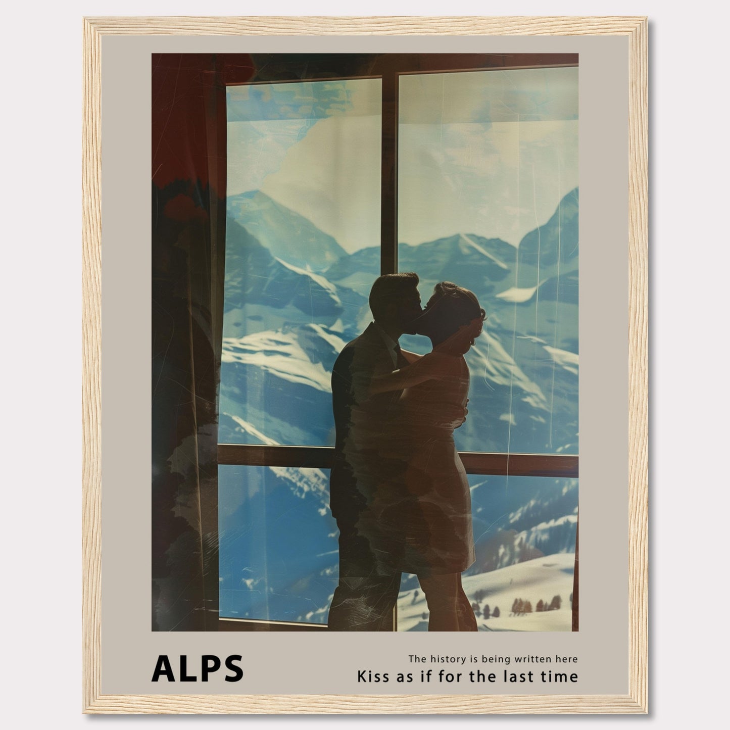 A romantic poster featuring a couple sharing a kiss with the breathtaking backdrop of the Alps visible through a large window. The serene snowy mountains and clear blue sky add to the emotional ambiance.