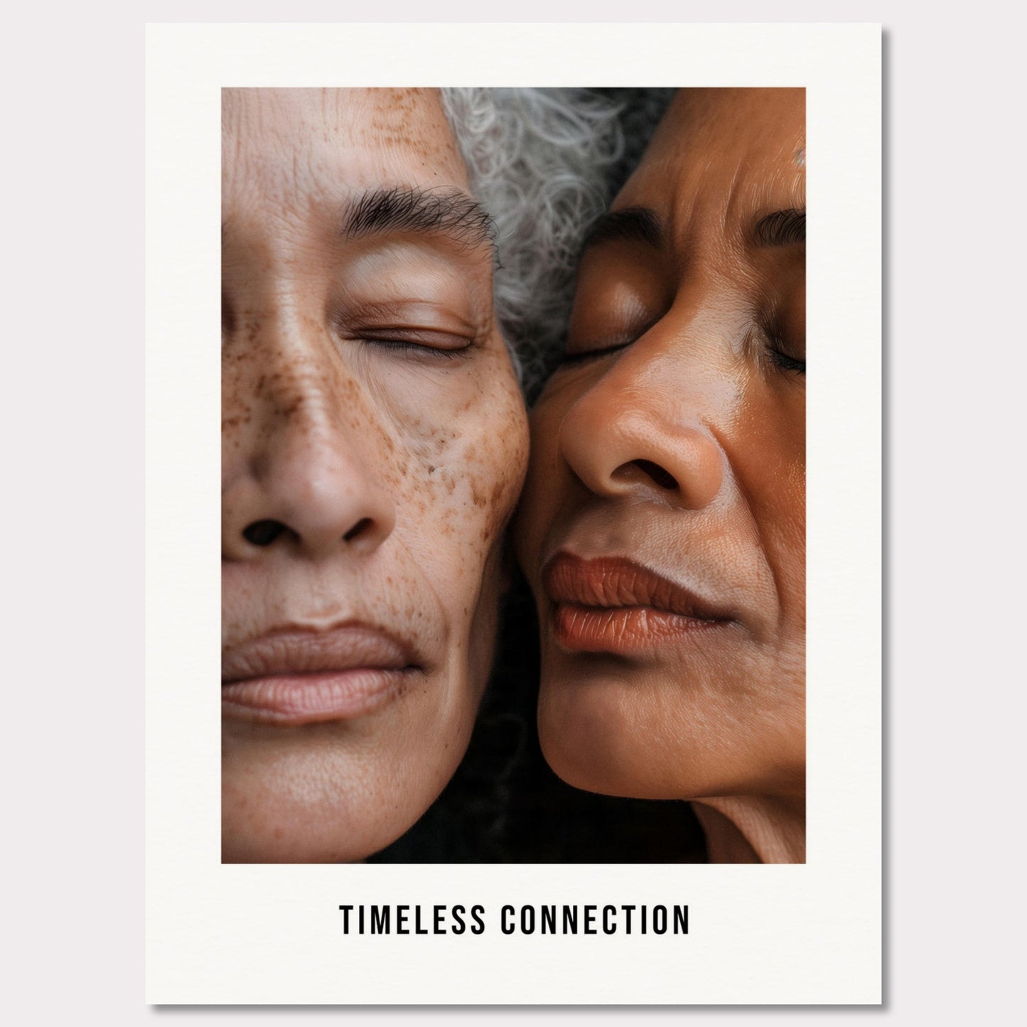 This illustration shows a close-up view of two elderly individuals with their eyes closed, conveying a sense of peace and connection. The text "TIMELESS CONNECTION" is displayed at the bottom.

This poster would fit well in a living room, bedroom, or any space meant for relaxation and reflection.