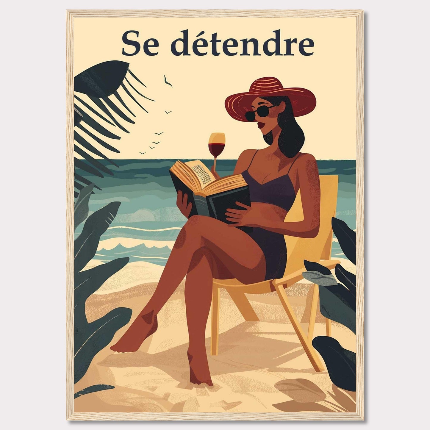 This illustration captures a serene beach scene with a woman relaxing on a chair, reading a book, and enjoying a glass of wine. The text "Se détendre" at the top translates to "Relax" in English.